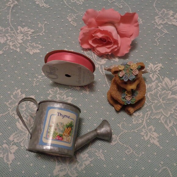 GIRL BEAR FIGURINE W ANGEL WINGS PINK RIBBON WATERING CAN LOT - Picture 7 of 7